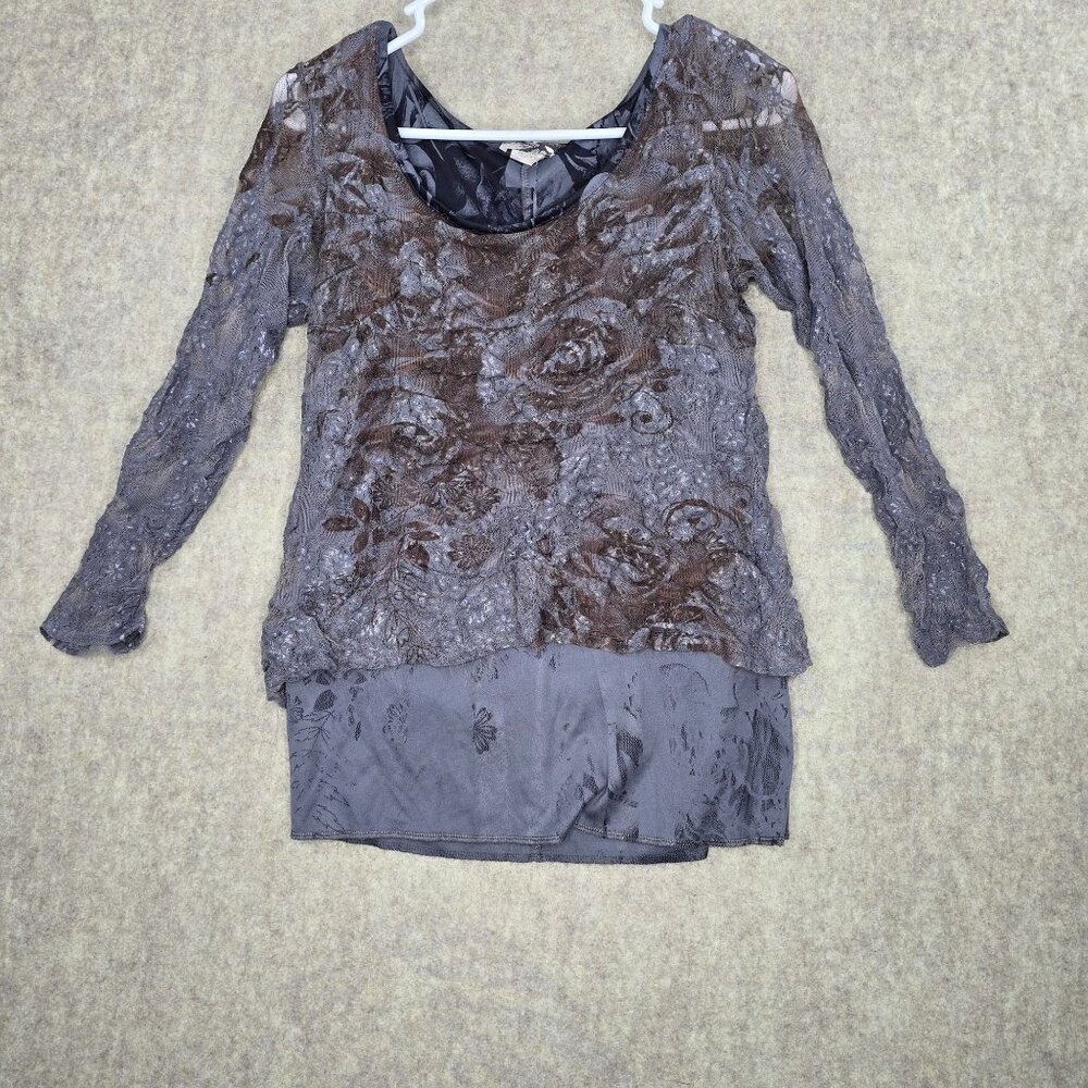 Lavish Womens Lace Long-Sleeve Top Brown/Gray Floral Sheer Overlay Size M